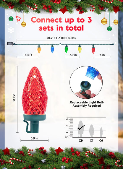 Minetom C9 LED Christmas Lights, 100 Multicolor Lights, 81 Feet, Waterproof, Timer, 8 Modes, 2 Pack