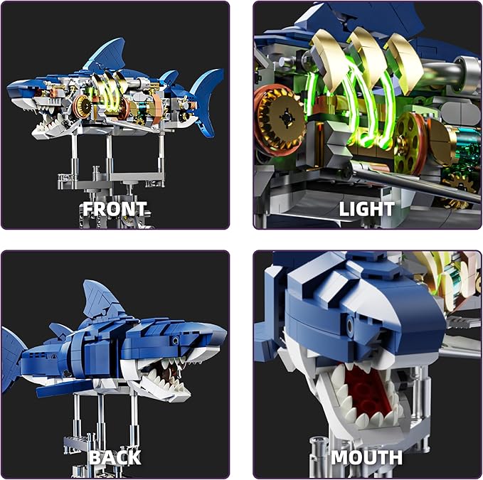687-PCS Mechanical Shark Building Set with LED Light Movable Linkage Gears Display Stand - Ocean Building Block Toy for Adults Teens Kids Age 12+