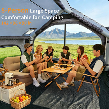 Inflatable Camping Tent with Skylight,Large Tall Blow Up Tent for 2/4/6/8 Person,4 Season Waterproof Hot Tent with Stove Jack, Family Camping Air Tent with Hand Pump,Grey