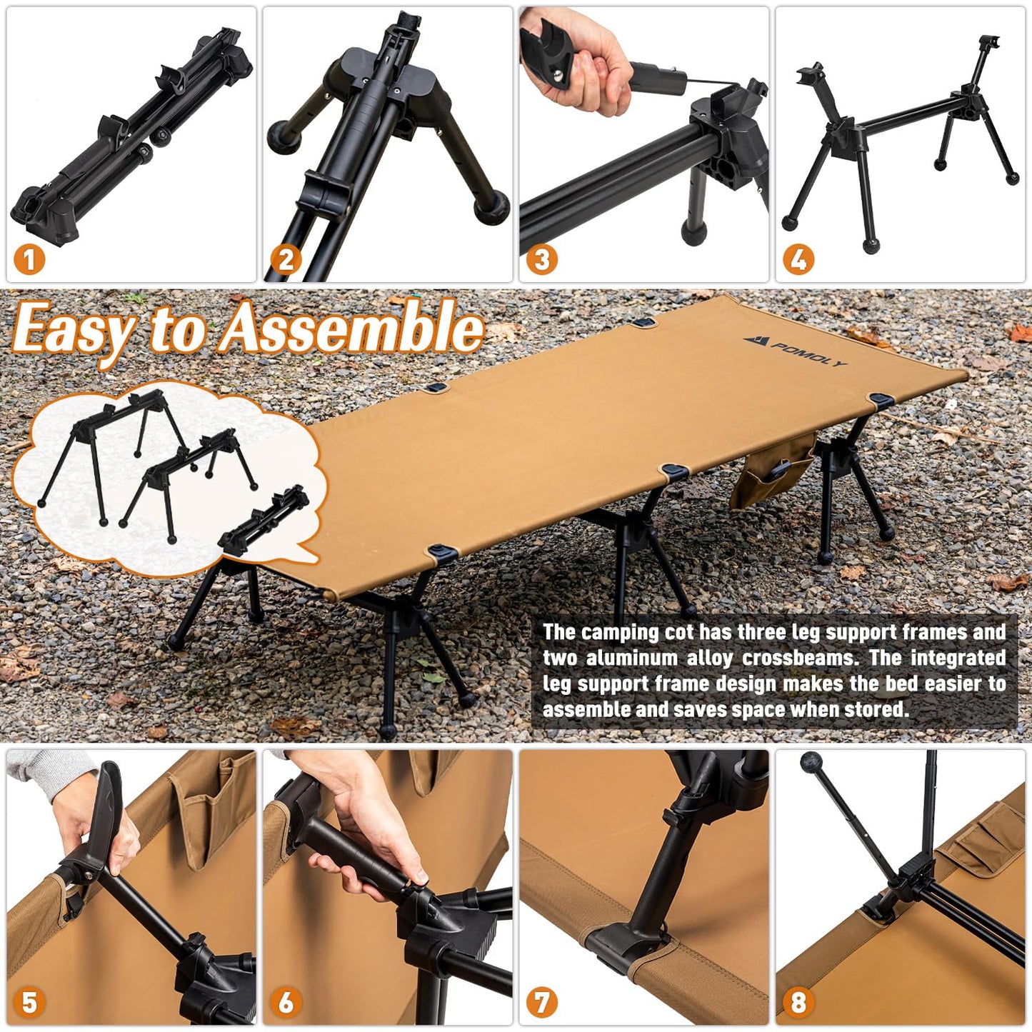 POMOLY Lightweight Camping Cot, 3-Level Height Adjustable Folding Bed for Adults, Portable Outdoor Heavy-Duty Reinforced Legs, 400 lbs Capacity, Military Army Ultralight Backpacking Hunting