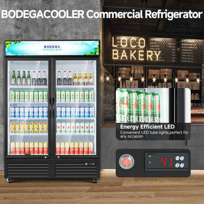 BODEGACOOLER Commercial Merchandiser Refrigerator, 40 Cu.Ft Double Glass Door Beverage Cooler, Upright Display Refrigerator with Soft LED Light, Adjustable Shelves, 4 Heavy-Duty Casters, Black
