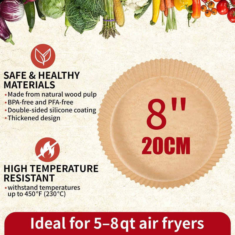 40GSM Air Fryer Paper Liners, 125Pcs 8 inch Disposable Parchment Paper for 5-8 qt Basket Air Fryer, Non-Stick Oil-Proof Heat Resistant Food Grade for Cooking, Roasting & Frying, Round 8"