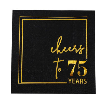 Cheers to Years Cocktail Napkins - 50 PK - 3-Ply Birthday Napkins 5x5 Inches Disposable Party Napkins Beverage Paper Napkins or Birthday Decorations Wedding Anniversary Black and Gold (75 Years)