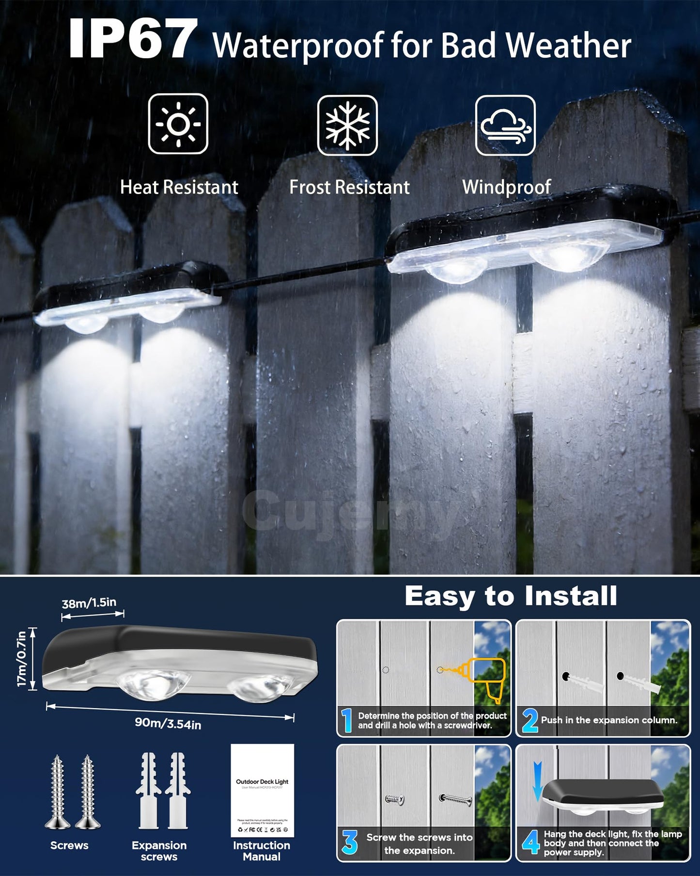 Cujemy Outdoor Deck Lights 16 Pack, 100ft Smart RGB Outdoor Lights, APP, Remote Control, Waterproof LED String Light with Timer for Wall Fence Step Yard Stairs Pool Halloween Christmas Decor