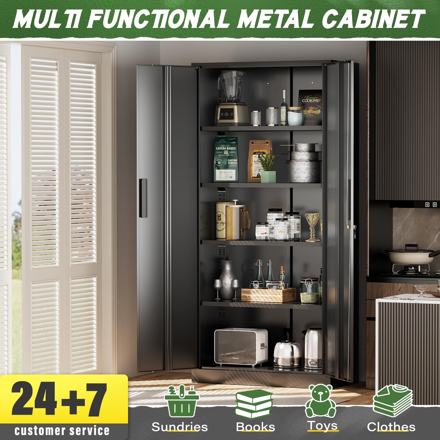 Greenvelly Metal Storage Cabinet, 72" Black Steel Garage Cabinet with Doors and Adjustable Shelves, Metal Cabinet with Lock,Garage Cabinets and Storage System for Garage,Home Office,School