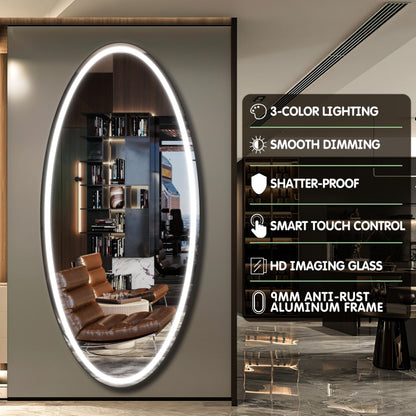 FENNIO 70" x 36" Large Wall Mounted Mirror with LED Lights, Oval Full Length LED Lighted Full Body Dressing Mirror for Bedroom, Salon, Brushed Aluminum Frame, Tempered Glass