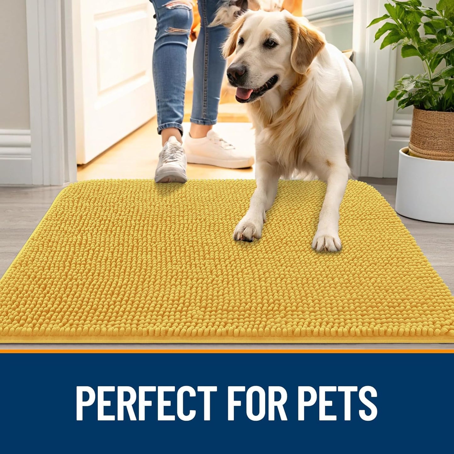 OLANLY Dog Door Mat - Absorbent Non-Slip Chenille for Muddy Paws | 35x24 Yellow Indoor Entryway Carpet