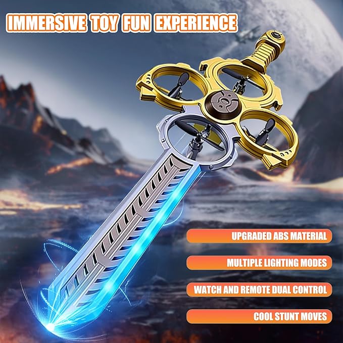 Upgraded Flying Sword RC Drone with Colorful LED Lights ABS Metal Remote Control Airplane with Hand Gesture &amp Smart Watch Control 3 Speed Modes &amp Stunt Drone for Kids Adults Upgraded Gold