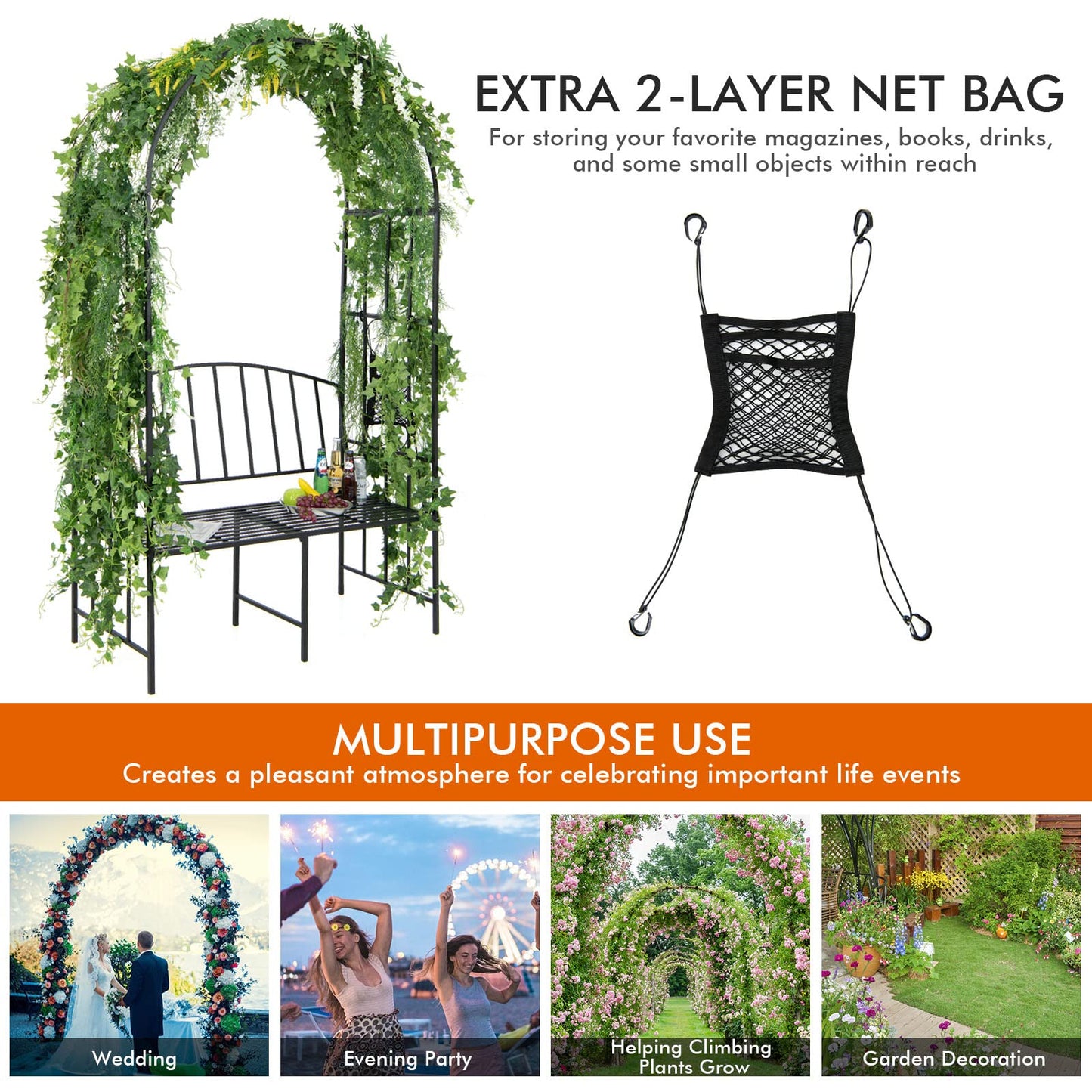 Moccha Metal Garden Arch with Bench, Outdoor Pergola Trellis Archway for Climbing Plant Roses Vines, 2-Person Garden Arbor with Seat for Backyard Weeding Party Ceremony, 81” x 45.5'' x 20'', Black