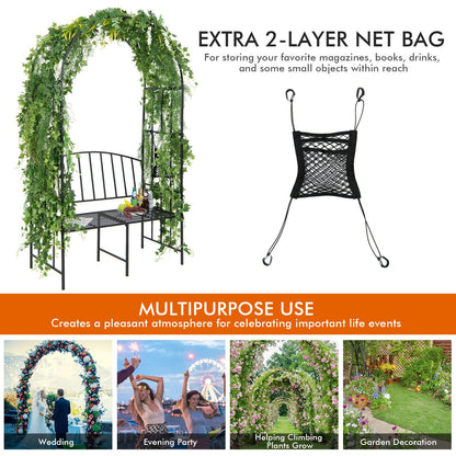 Moccha Metal Garden Arch with Bench, Outdoor Pergola Trellis Archway for Climbing Plant Roses Vines, 2-Person Garden Arbor with Seat for Backyard Weeding Party Ceremony, 81” x 45.5'' x 20'', Black