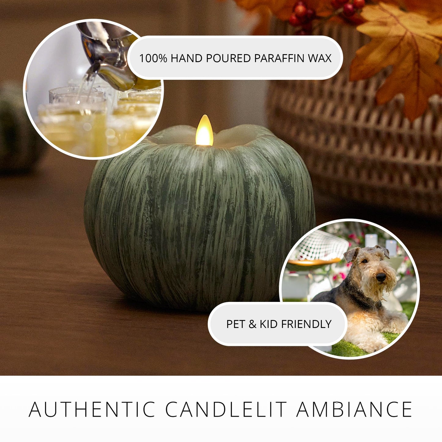 Luminara Pumpkin Figural Flameless Flickering Moving Flame LED Candle (5.25" x 4.5"), Smooth Real Unscented Wax, Time Function (Iceberg Green)