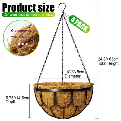 MUYEZHIYU 4 Pack 14 Inch Hanging Planters for Outdoor Plants, Black Metal Wire Hanging Flower Baskets with Coco Coir Liner, Large Hanging Plant Pots for Garden, Patio, Balcony, Indoor Home Decor