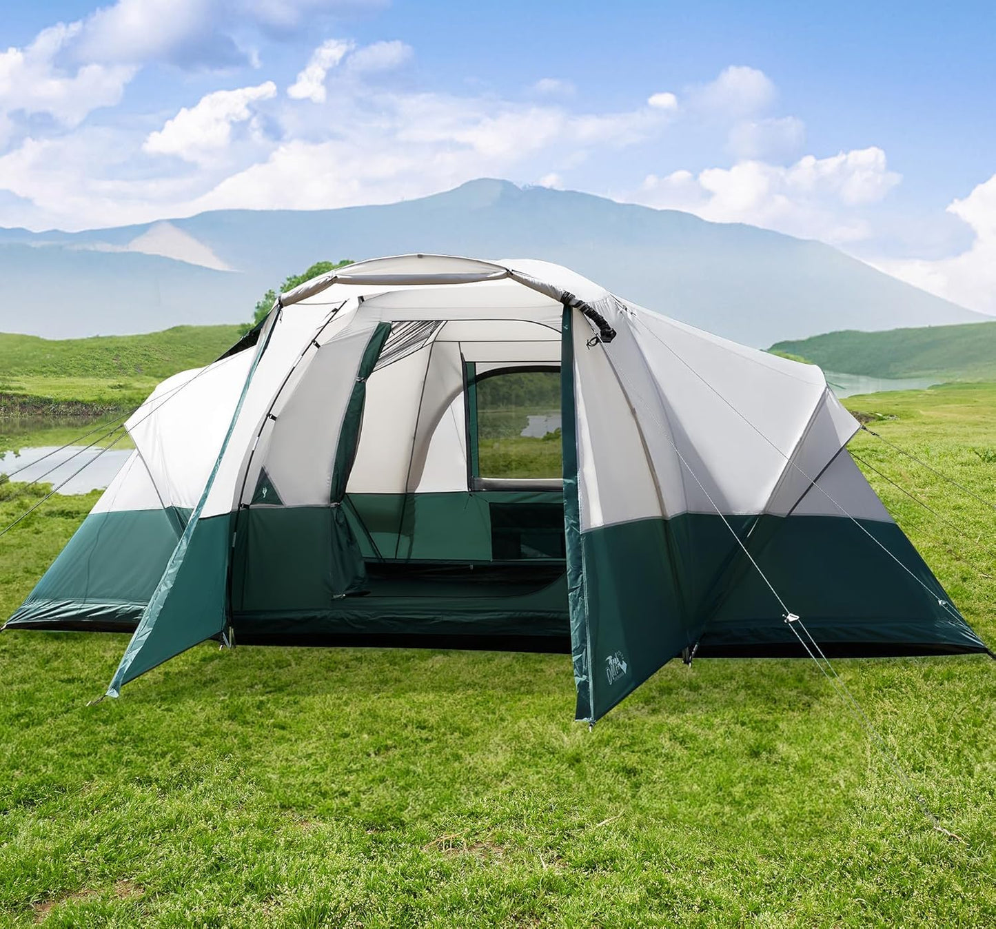 11 Person Camping Tent with Porch, Large Family Tents for Camping, PU1000MM Waterproof Tent with 5 Mesh Windows, Removable Rainfly, Reflective Windproof Rope, Big Dome Tent Fits 3 Queen Airbeds