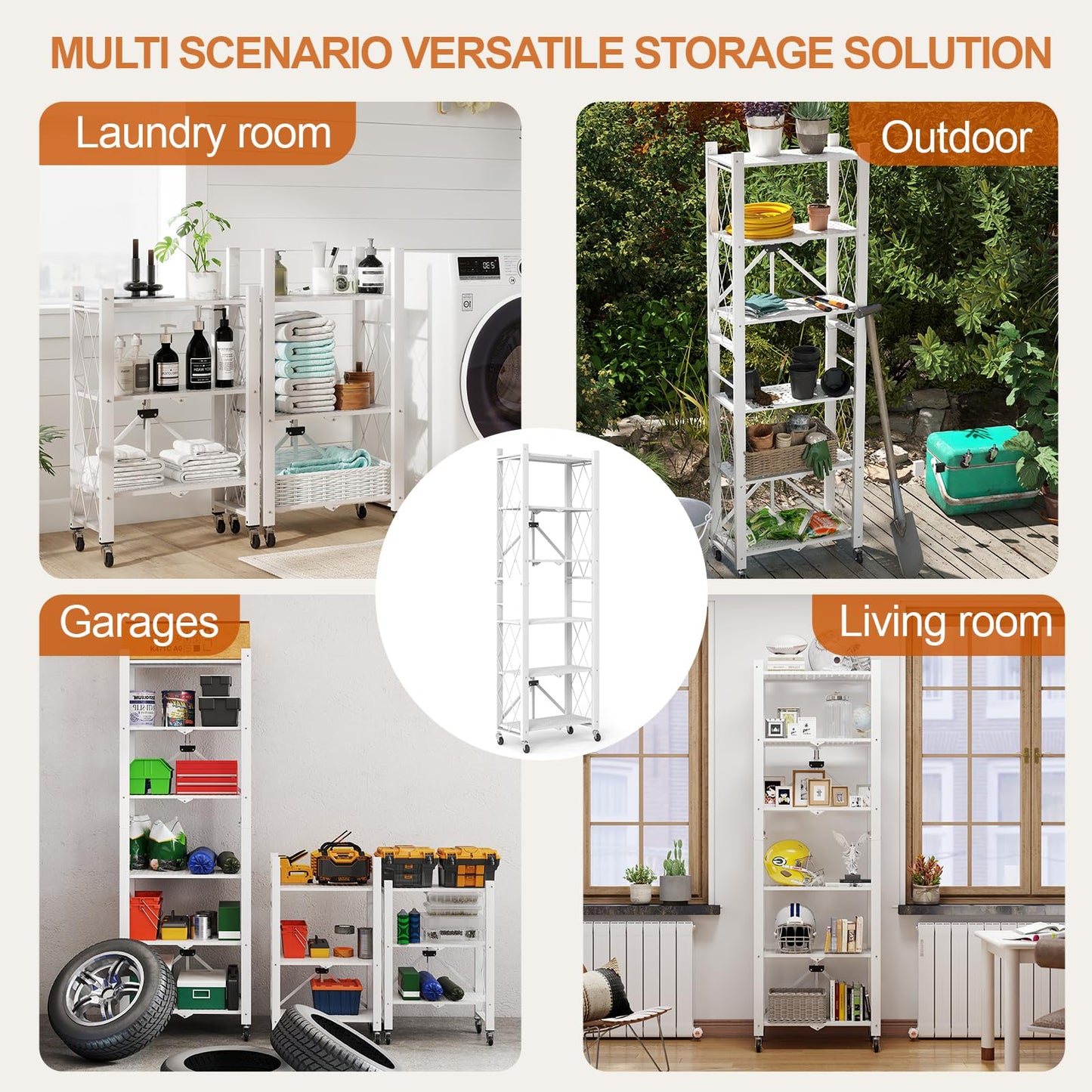 Yuanjimi 6-Tier Foldable Storage Shelves with Wheels, Folding Metal Shelf Unit, Folding Bookshelf no Assembly, Collapsible Shelves for Craft Shows for Kitchen, Bedroom, Living Room, White
