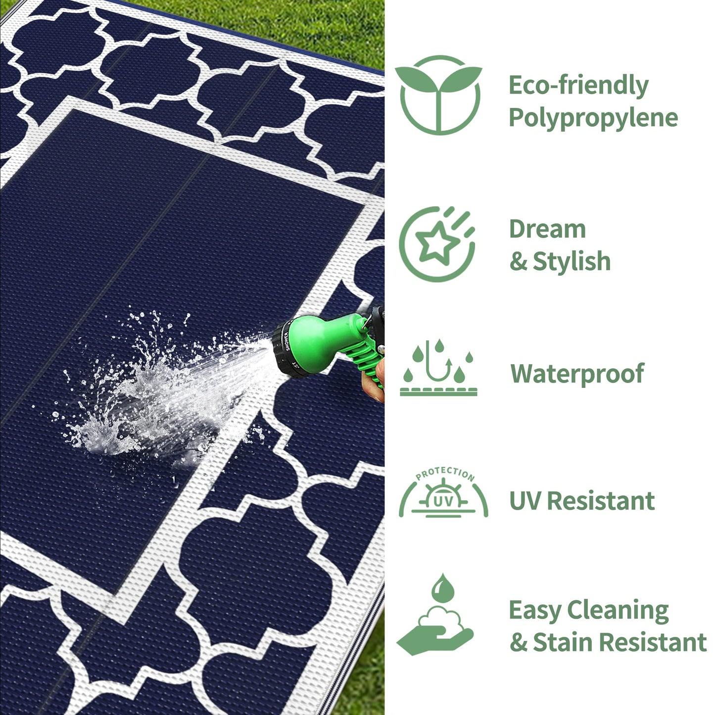 GENIMO Outdoor Rug 4'x6' 9'x12' for Patio, Reversible Plastic Waterproof RV Rugs, Clearance Mat, Porch, Camping, Picnic, Deck, Camper, Balcony, Blue & White