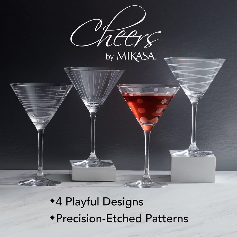 Mikasa Cheers 10-Ounce Martini Glasses, Fun Etched Designs, Durable Clear Glass Cocktail Glassware, Set of 4, Perfect for Entertaining and Gifting