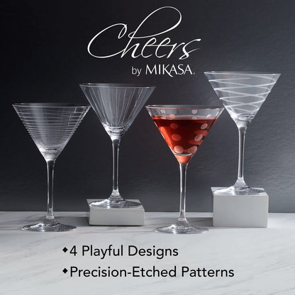 Mikasa Cheers 10-Ounce Martini Glasses, Fun Etched Designs, Durable Clear Glass Cocktail Glassware, Set of 4, Perfect for Entertaining and Gifting