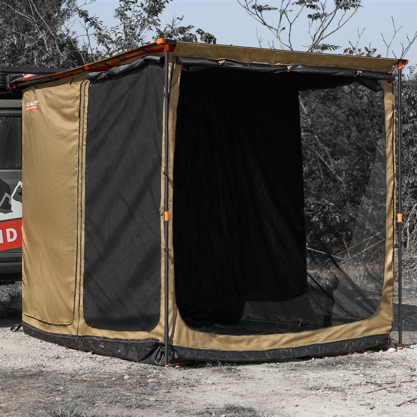 ALL-TOP Awning Room with Floor 8.2' x 8.2' Rip-Stop 210D Oxford Awning Tent with Bug-Resistance Mesh, Waterproof Sun Shelter for Overland, Camping(Black Coating, Room Only)