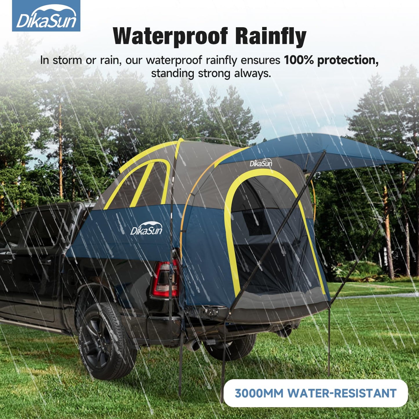 Truck Bed Tent, Double Layer Truck Tent 6.4-6.7 Ft, Waterproof PU3000mm Tear-Resistant Pickup Tent for 2 Person Camping and Outdoor with Awning（Cyan）