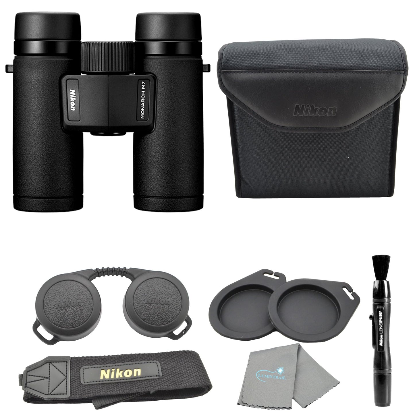 Monarch M7 8x30 (16763) Black Binoculars Bundle with Lens Pen and Cleaning Cloth, Compact Binoculars for Adults for Hunting, Bird Watching, and Hiking Essentials, Zoom Lightweight Travel
