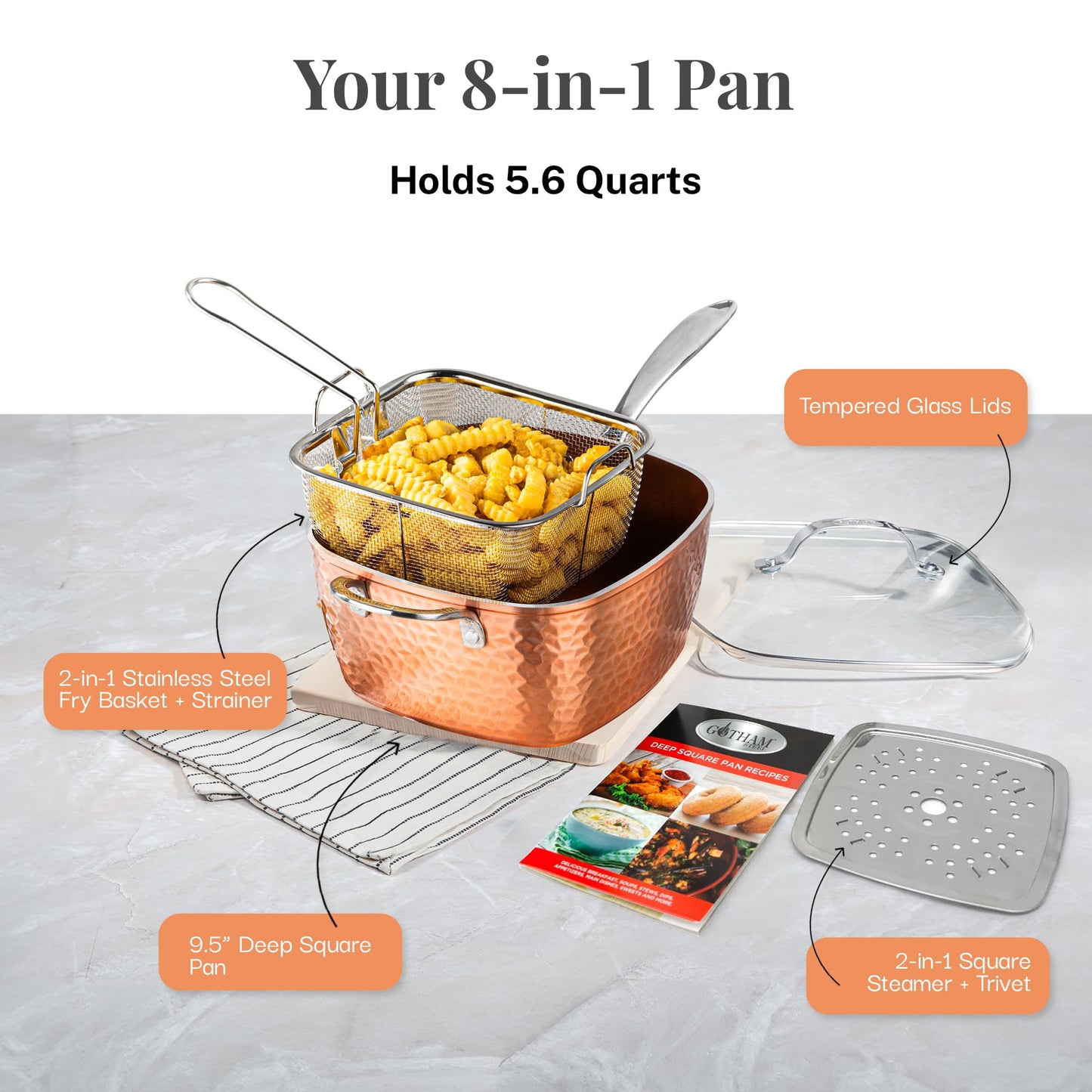 Gotham Steel Nonstick Square Deep Frying Pan, 9.5” Large Cooking Pan with Ceramic Nonstick Coating, Deep Fryer Pot with Basket, 4 Pc Titanium Ceramic with Lid, Basket & Steamer Tray, Dishwasher Safe