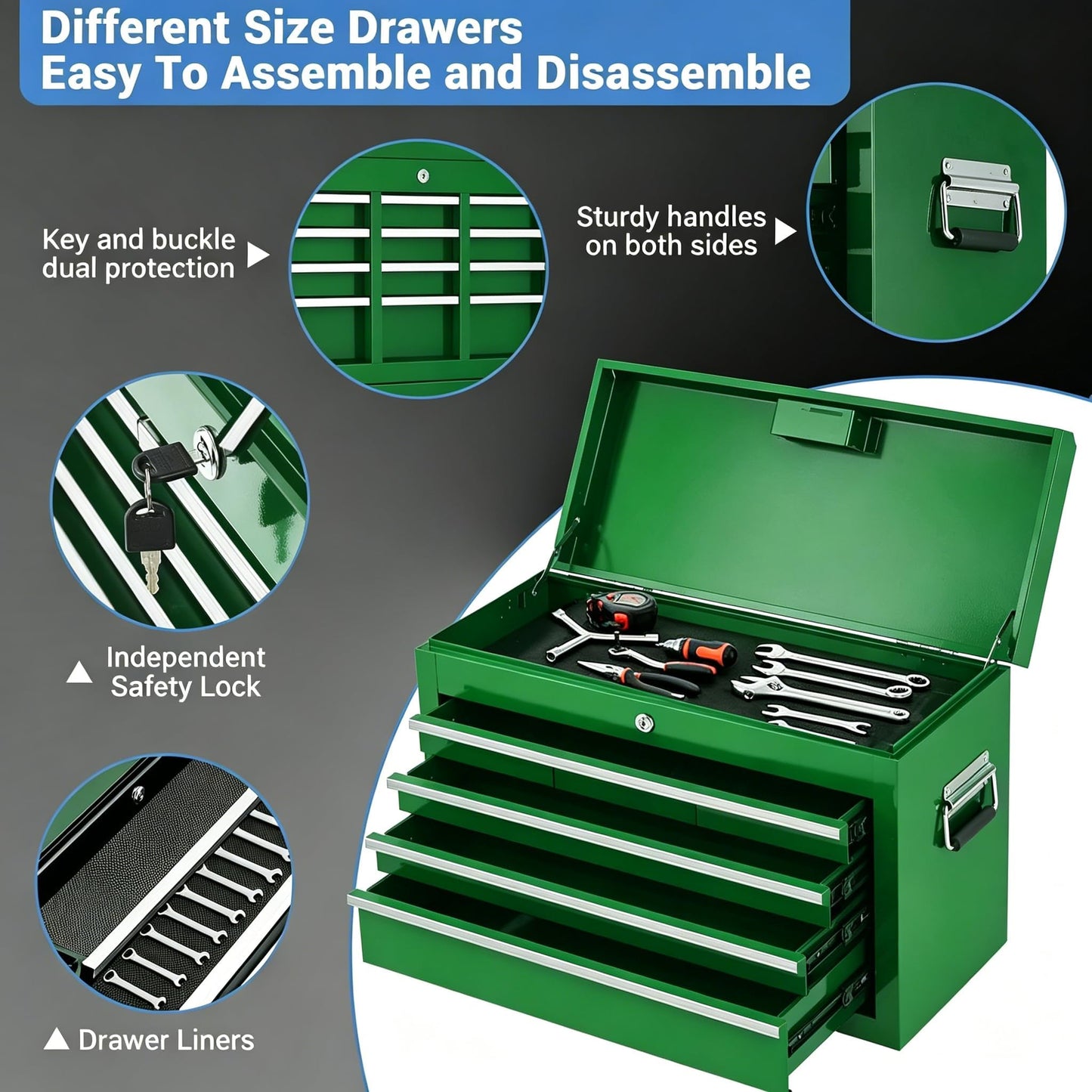 PeakPursuit Rolling Tool Chest, 5 Drawer Heavy Duty Mobile Tool Cart with Locking Wheels and Ball Bearing Slides, Garage Tool Storage Cabinet, Metal Tool Box on Wheels, Green