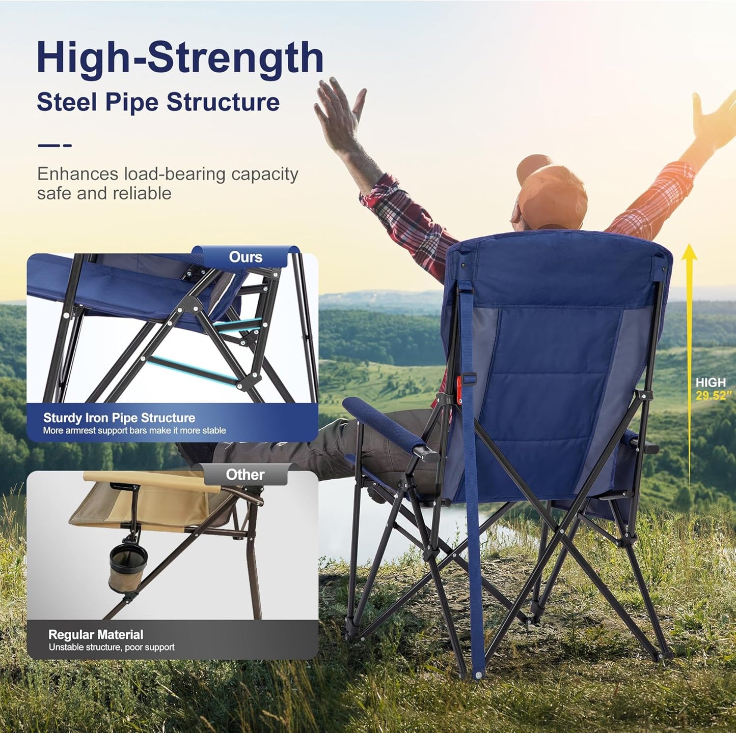 LET'S CAMP Oversized Camping Chairs - Heavy Duty 500LBS Support | Portable Collapsible Design, 2 Pack (Blue)