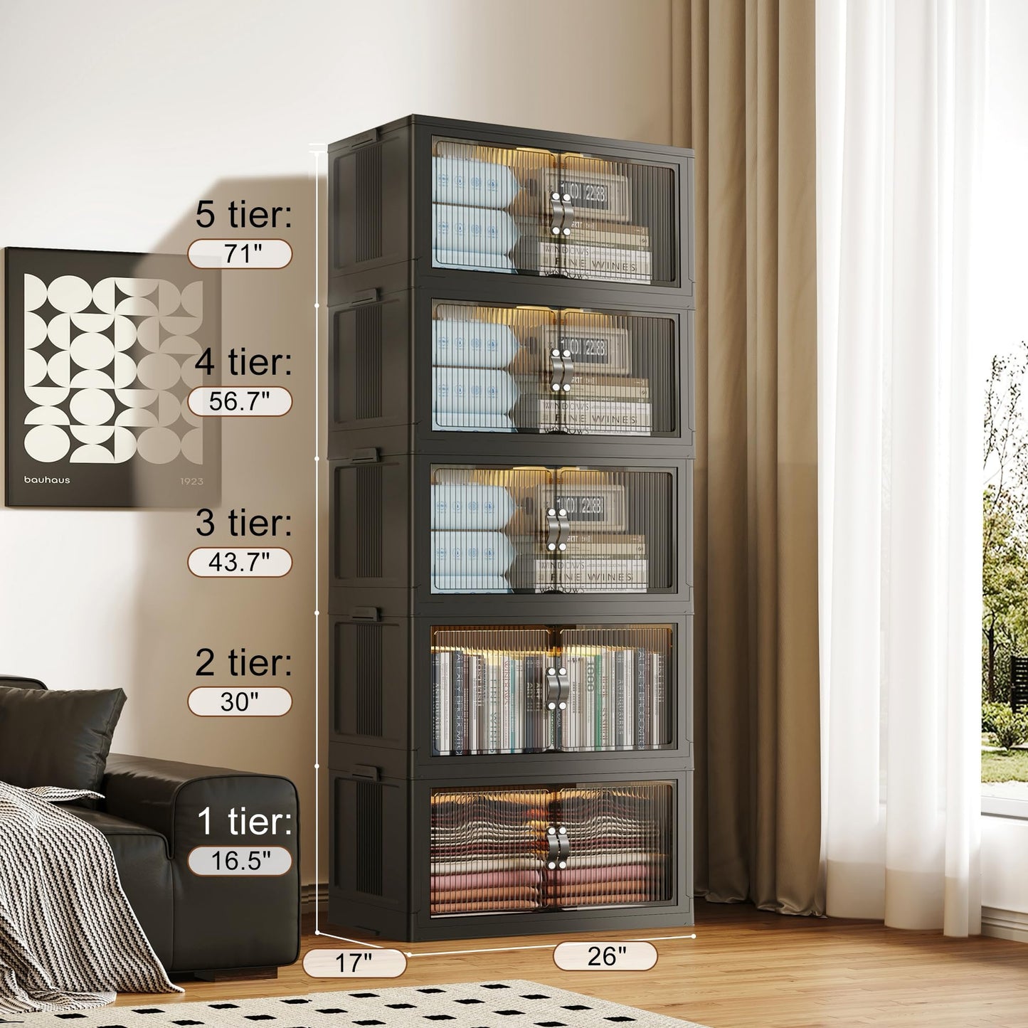 SAILUN 145Gal/580Qt Collapsible & Stackable Storage Bins with Door & a Lid,Perfect for Blanket Storage, Pillow Organizer, Bedroom Closet & Living Room, Black 26" W x 17" D x 71" H