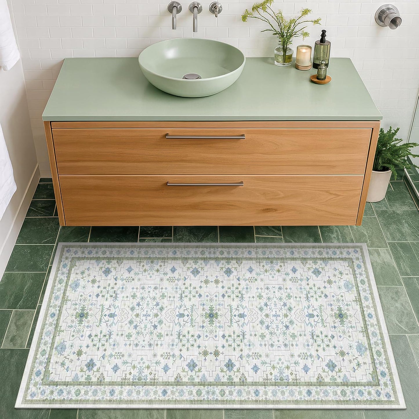 Oushak Boho Bathroom Rug - Cream Green & Blue Floral Design, Washable Non-Slip, 2x4 ft