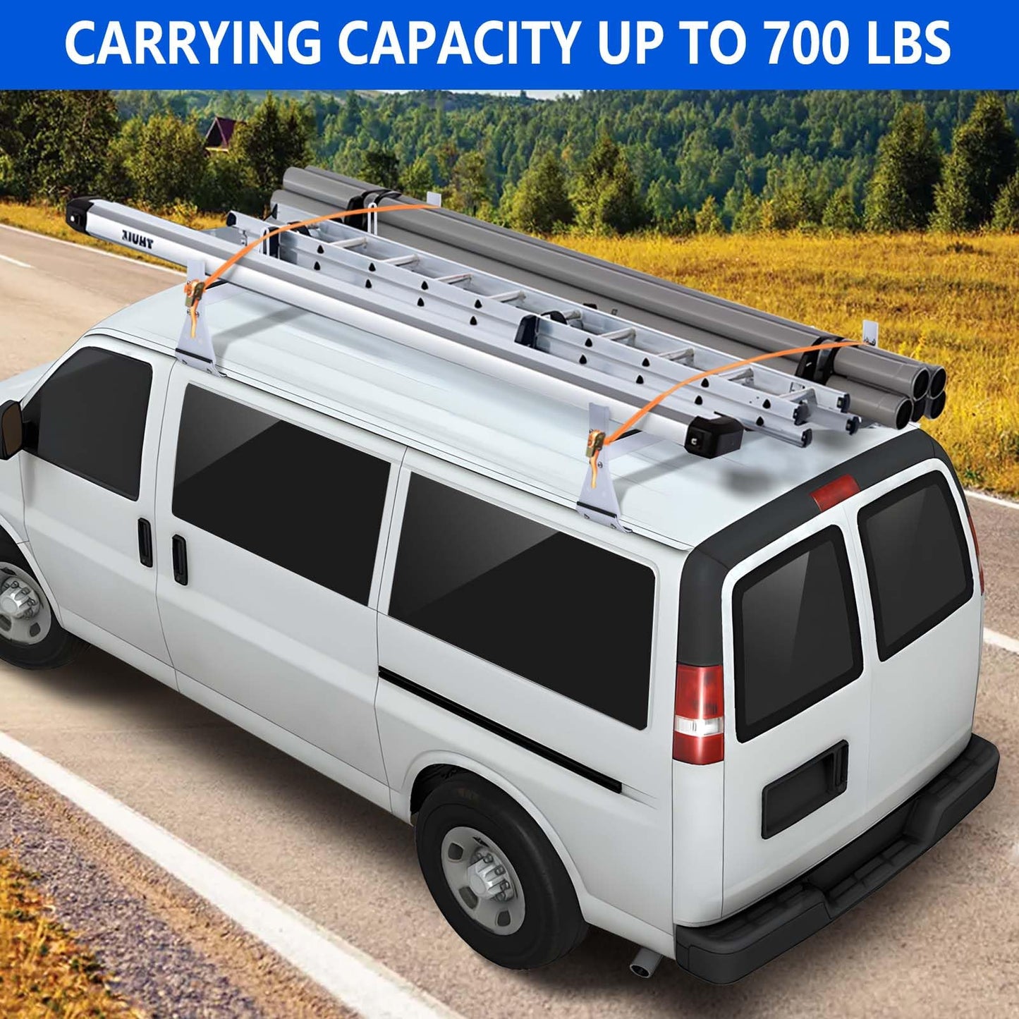 LMYYGOO Universal Van Ladder Rack, Adjustable 57"-63" for Chevy Express 1500 2500 3500 Ford Econoline GMC Savana Full-Size, 5-Section Stable Frame, 800 lb Capacity, Fits Rain Gutter Vans