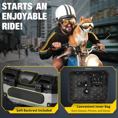 Gurblofy Motorcycle Top Box, 25L Aluminum Compact Motorcycle Top Case with Anti-Theft Lock System, Waterproof, Easy Installation with Universal Bracket, Back Cushion Included, Silver, GBTC-25S