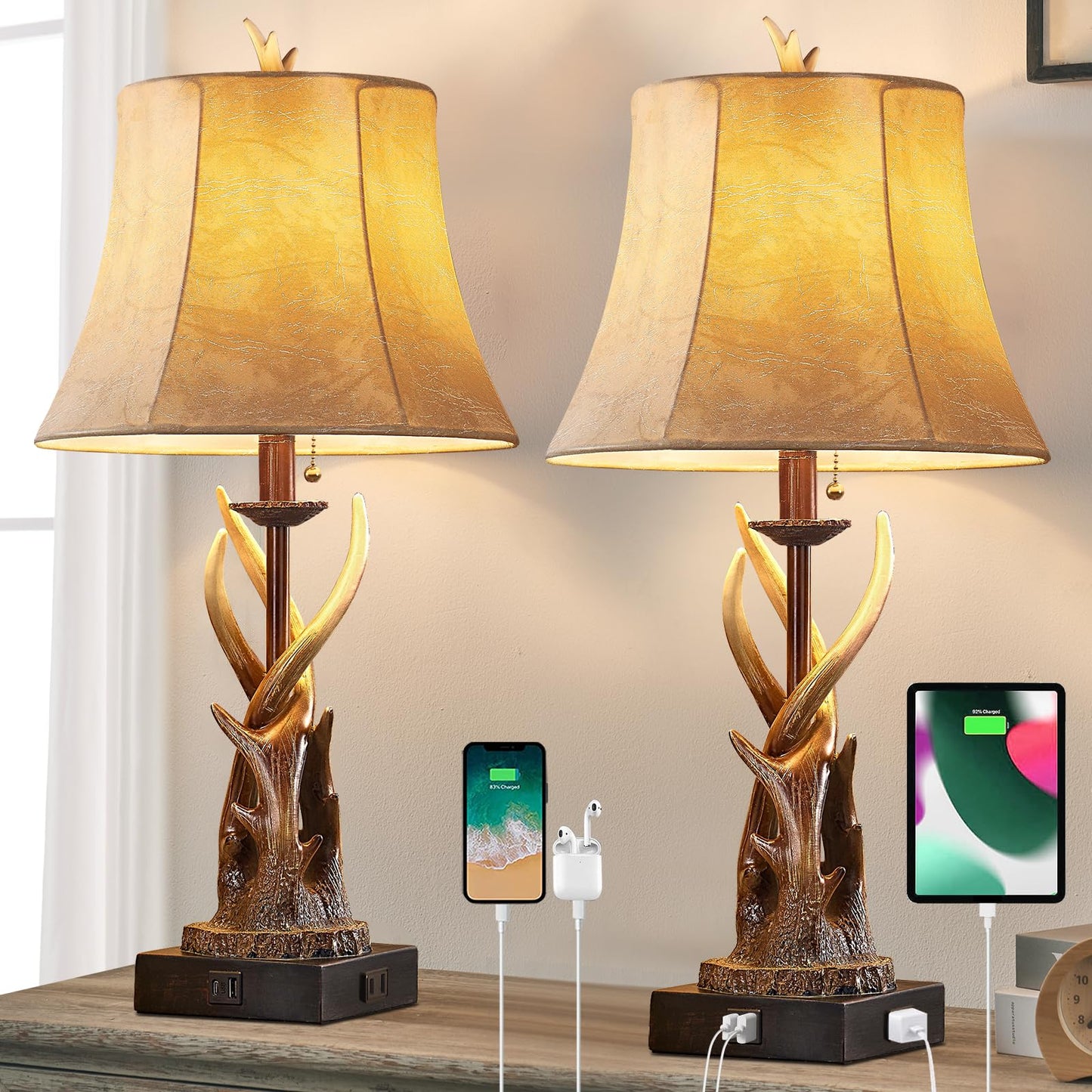 BOWOBO Antler Table Lamps Set of 2 with USB A+C Ports for Bedroom Farmhouse Deer Rustic Bedside Lamps with Faux Leather Bell Shade for Living Room End Table Hunting Themed Cabin Lamp Pull Chain