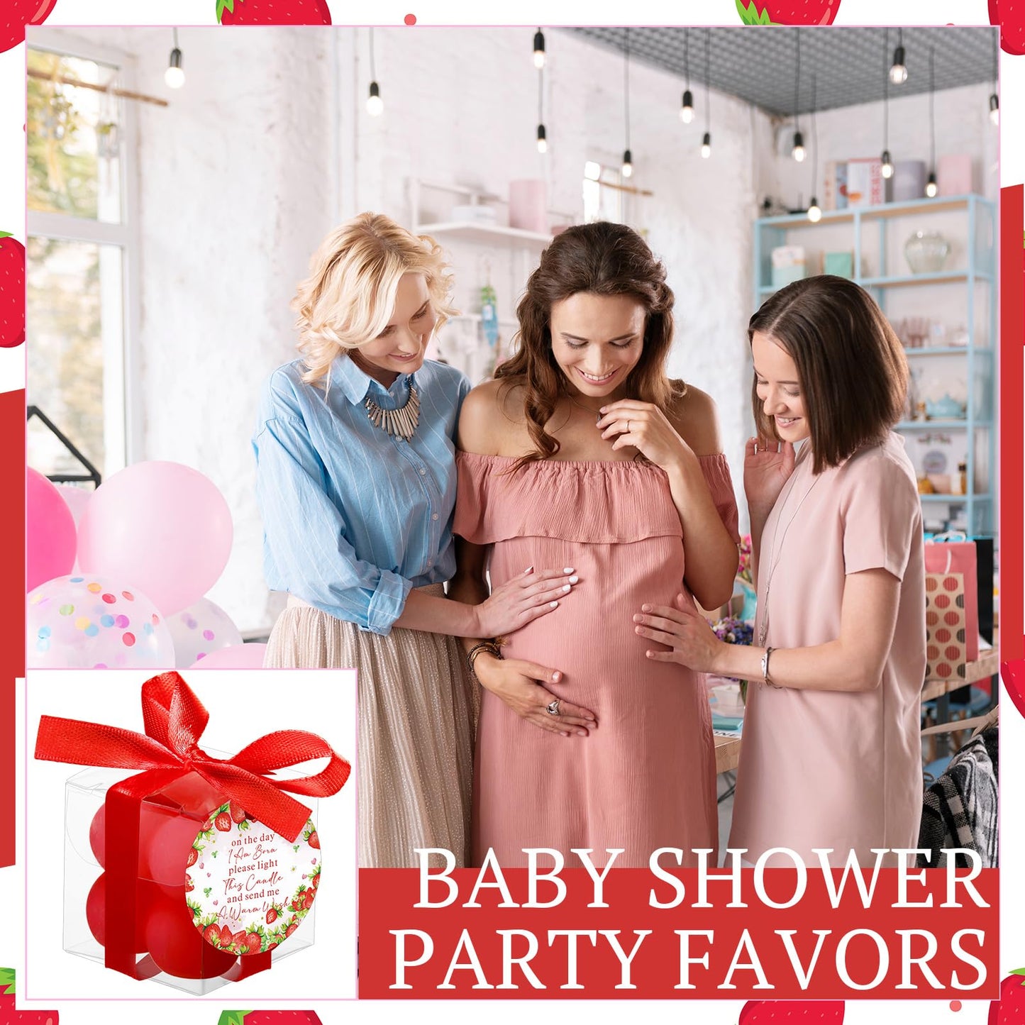 MTLEE 24 Sets Strawberry Baby Shower Favors Small Bubble Candle for Guests Tea Candles Bulk with Stylish Ribbons Cards Gifts Party Decoration(Bright Red, Strawberry)
