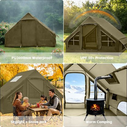Inflatable Tents for Camping, 4-6 Person Easy Blow Up Tent with Hand Pump,4 Seasons Waterproof Air Inflatable Camping Tent,Hot Tent with Skylight and Stove Jack for Family Camping,Green