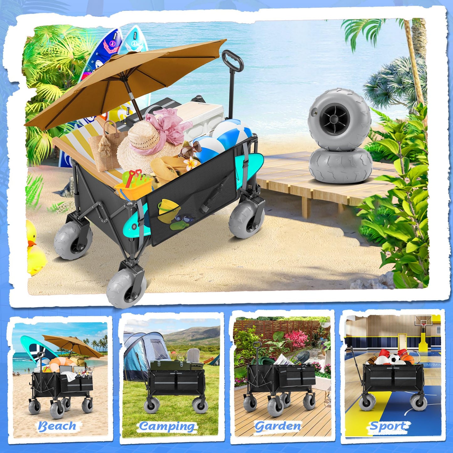 Beach Wagon with Big Wheels for Sand Heavy Duty Collapsible Wagon with 9" All Terrain Inflatable Tires, Foldable Beach Cart for Camping Outdoor Grocery Shopping Garden Sports