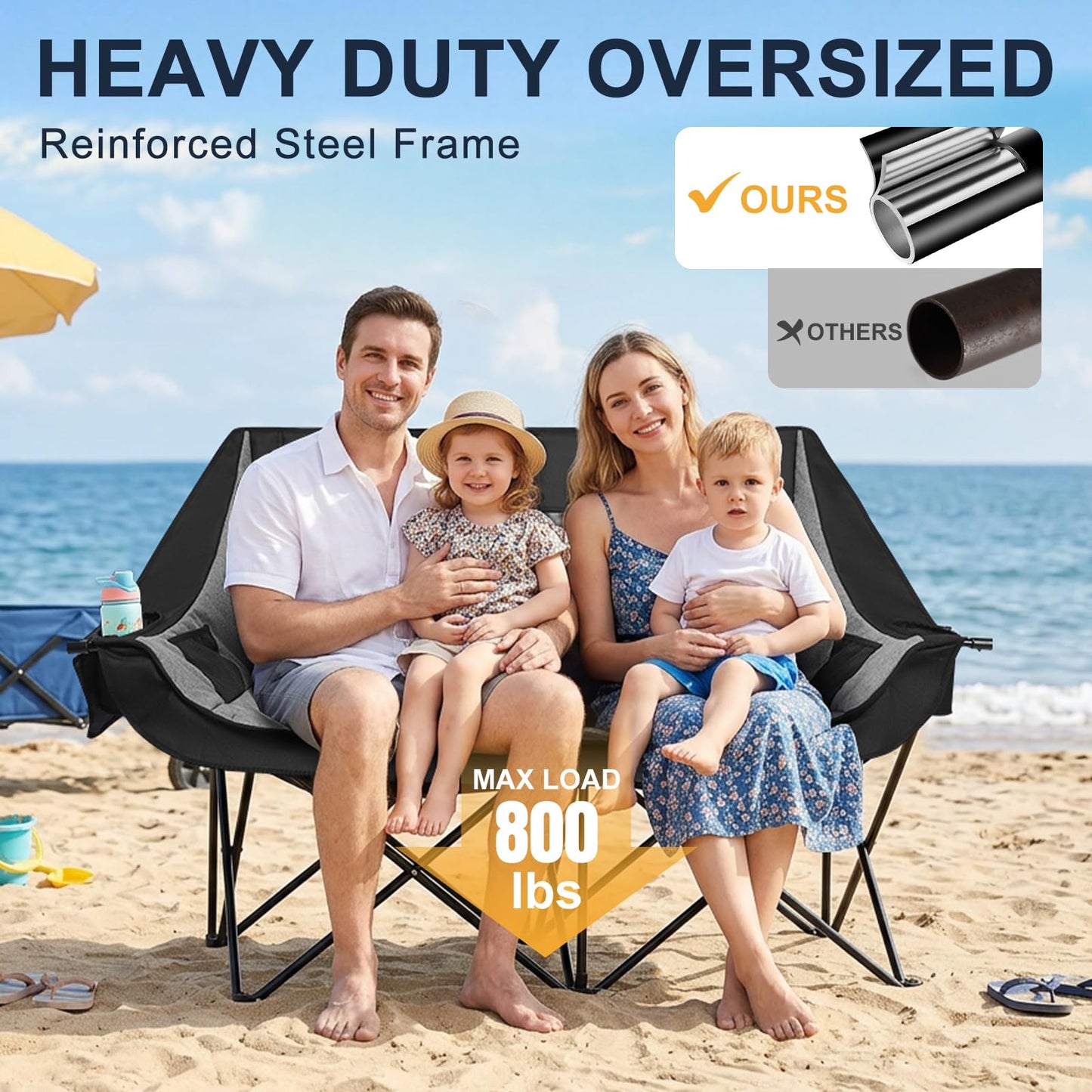 RVIEIS Double Camping Chair 2 Person Loveseat Oversized Padded Camping Couch Heavy Duty Portable Folding XL Camp Chair with Cup Holder Side Pocket for Outdoor Lawn Beach Sport Support 800LBS, Grey