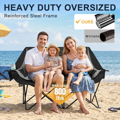 RVIEIS Double Camping Chair 2 Person Loveseat Oversized Padded Camping Couch Heavy Duty Portable Folding XL Camp Chair with Cup Holder Side Pocket for Outdoor Lawn Beach Sport Support 800LBS, Grey