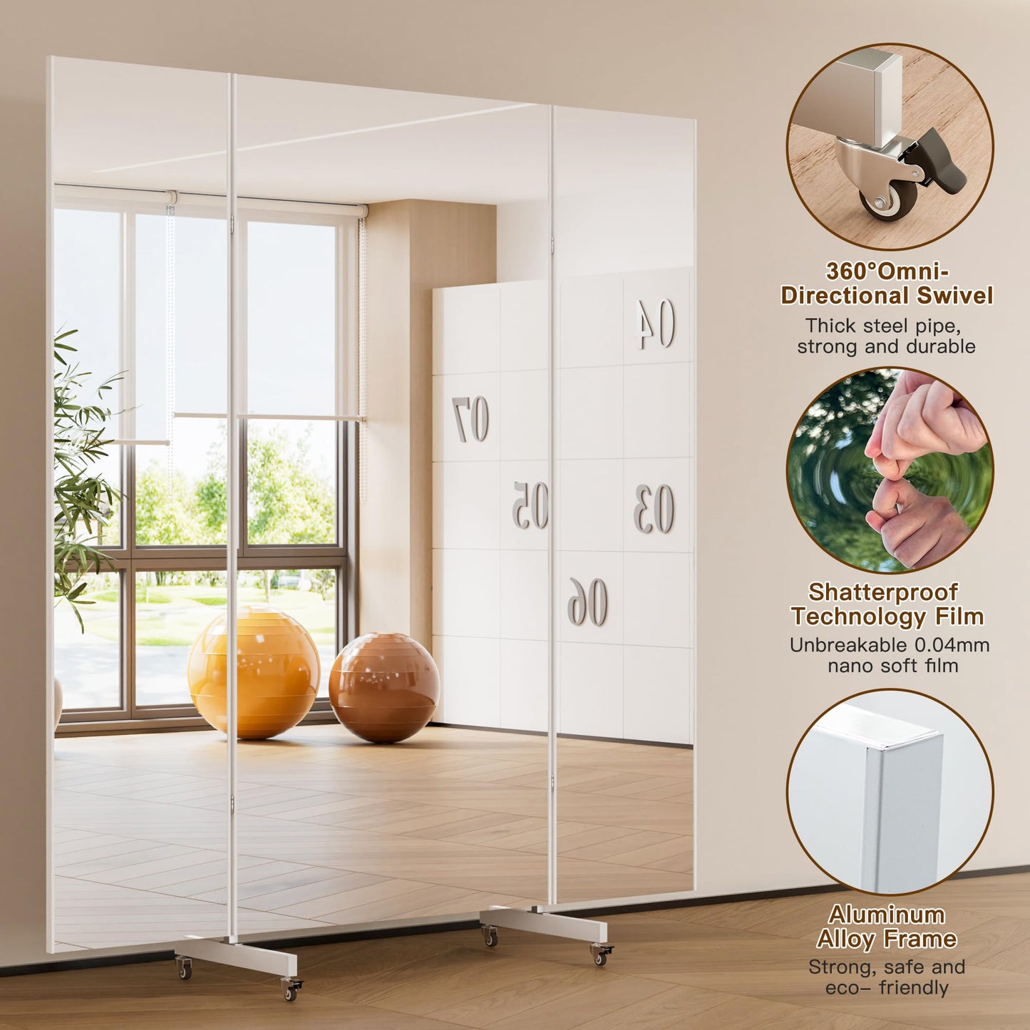 brisafe 71"x67" Folding Mirror with Wheels, 3-Panel Full Length Wall Mirror, Space-Saving Design, Shatterproof Nano Material, Portable Floor Mirror for Gym, Dance Studio, Home, Commercial Use, White