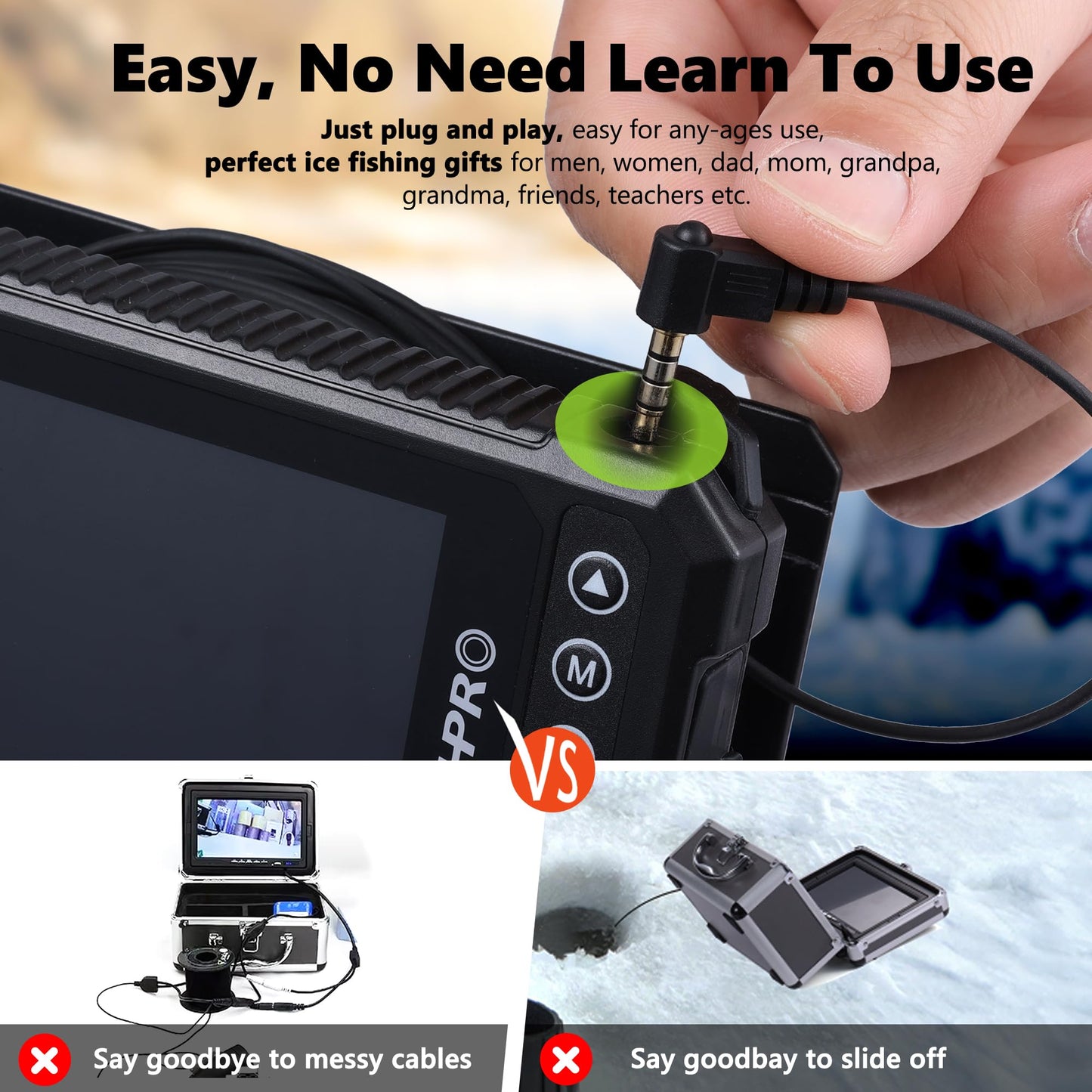 [FishPRO® 2026 Upgrade] 4.5'' True HD 1080P Underwater Fishing Camera (Plug & Play) - Ice Fishing Camera Underwater w/ 5,000mAh, USB-C, IR+LED, Fish Finder for Ice/Lake/Kayak, 65ft