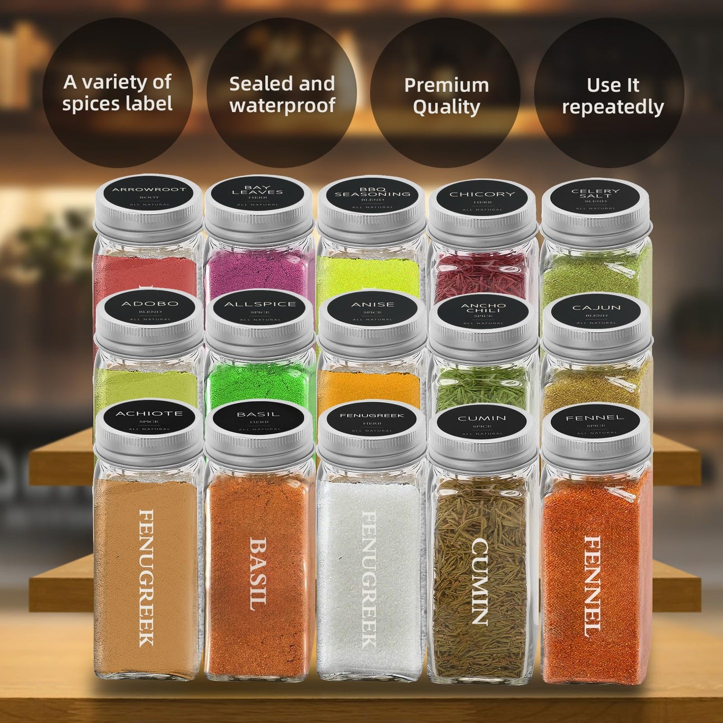 eispap 36 Pcs 4 OZ Glass Spice Jars with Metal Caps, Glass Jars with Minimalist Farmhouse Spice Labels Stickers, Collapsible Funnel, Seasoning Storage Bottles for Spice Rack, Cabinet, Drawer (36)