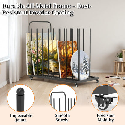 BERPET Heavy-Duty Art Storage Rack with Wheels, Large Metal Organizer for Canvas, Panels, and Artwork – Mobile Rolling Art Drying & Display Stand for Studio, Classroom, and Gallery