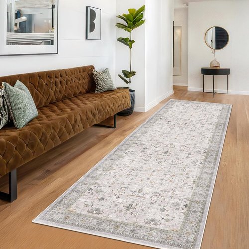 Hazo Haus Floral Hallway Runner - Light Gray & Taupe, Washable Non-Slip Rug for Kitchen & Bathroom