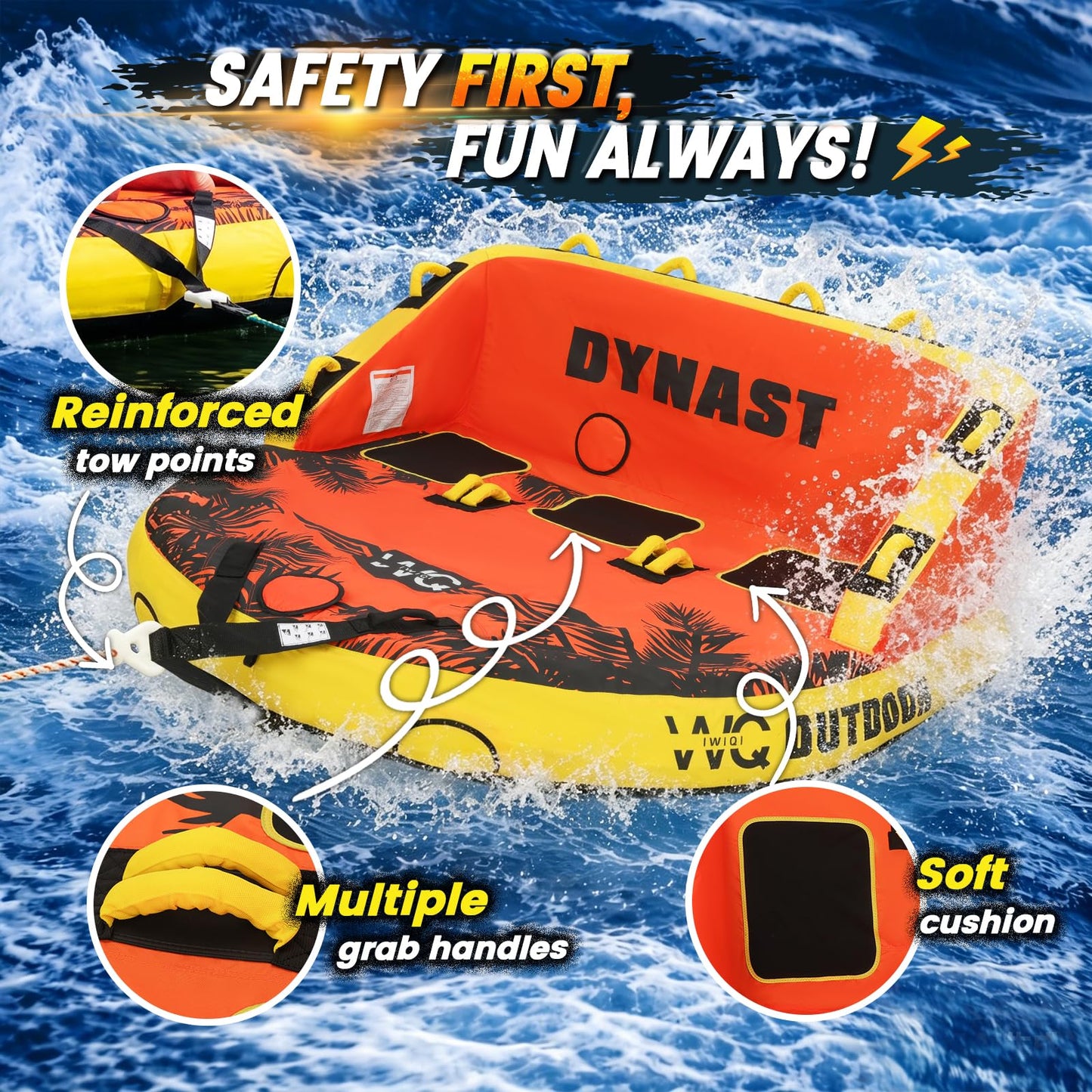 IWIQI Heavy-Duty Towable Tube for Boating, Boat Tubes with 840D Nylon Cover, Inflatable Water Sport Towables with Front Back Tow Points, Super Sofa Design,Maple Leaf 3 Rider