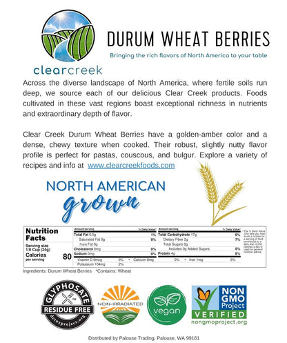 Clear Creek Certified Glyphosate Residue Free Durum Wheat Berries | 4 LBS | Whole Grains | Used to mill to Semolina Pasta Flour | North American Grown