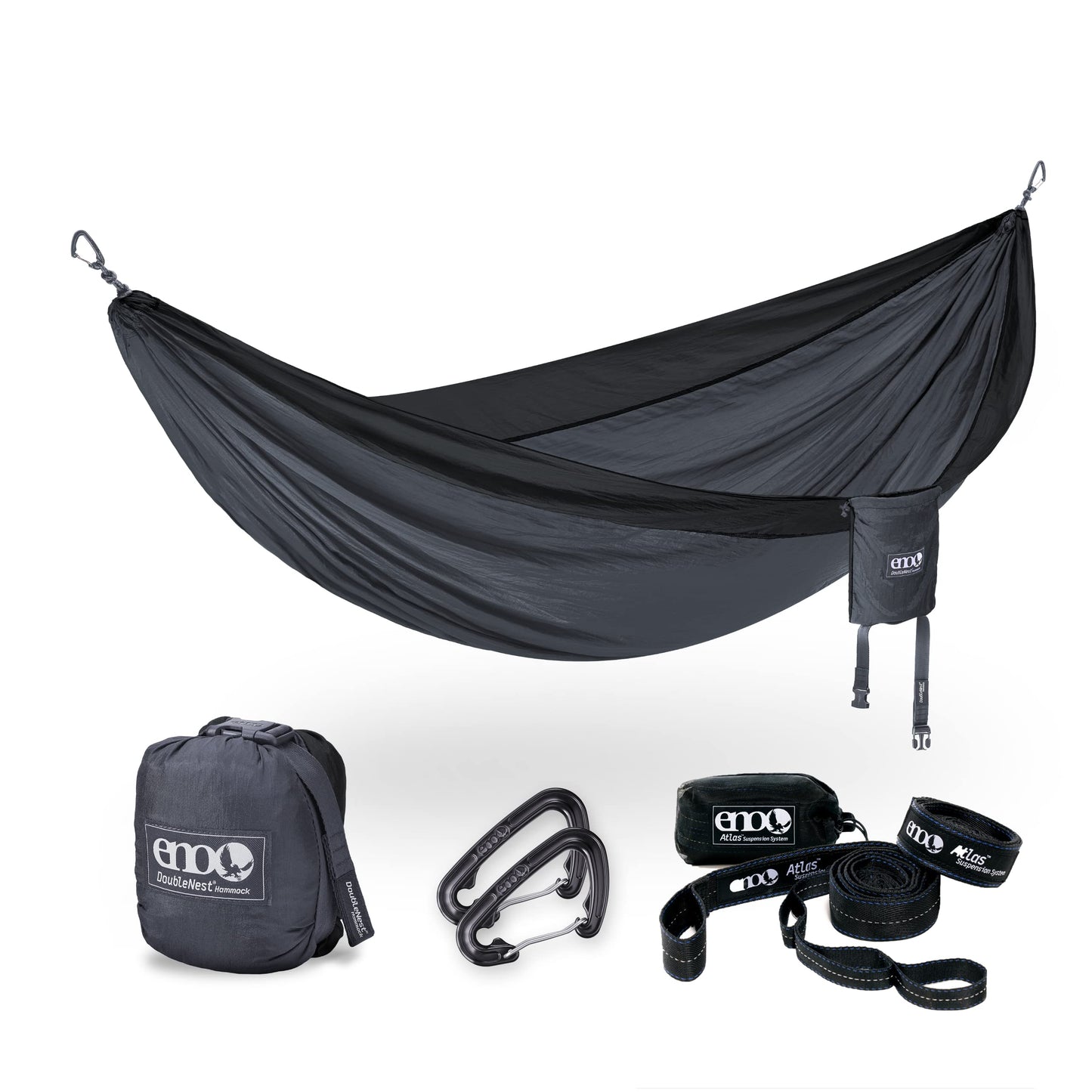 ENO Bundle, Includes The SingleNest Hammock & Atlas Suspension System, Lightweight, Durable Hammock with Straps for Camping, Hiking & Travel, Charcoal/Black
