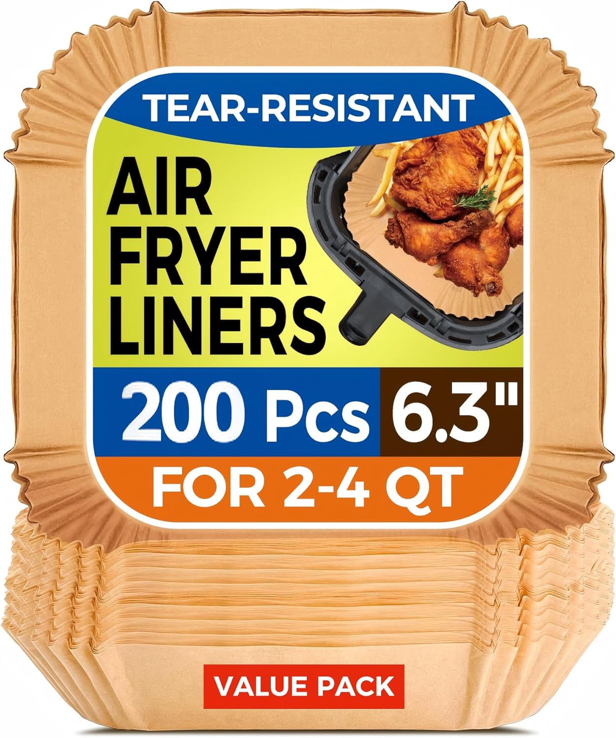 Air Fryer Paper Liners - 200 Disposable Non-Stick Parchment Liners | 6.3" Square for 2-4 Qt Air Fryers