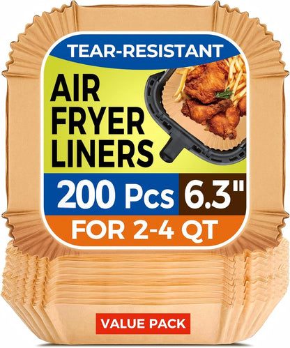 Air Fryer Paper Liners - 200 Disposable Non-Stick Parchment Liners | 6.3" Square for 2-4 Qt Air Fryers