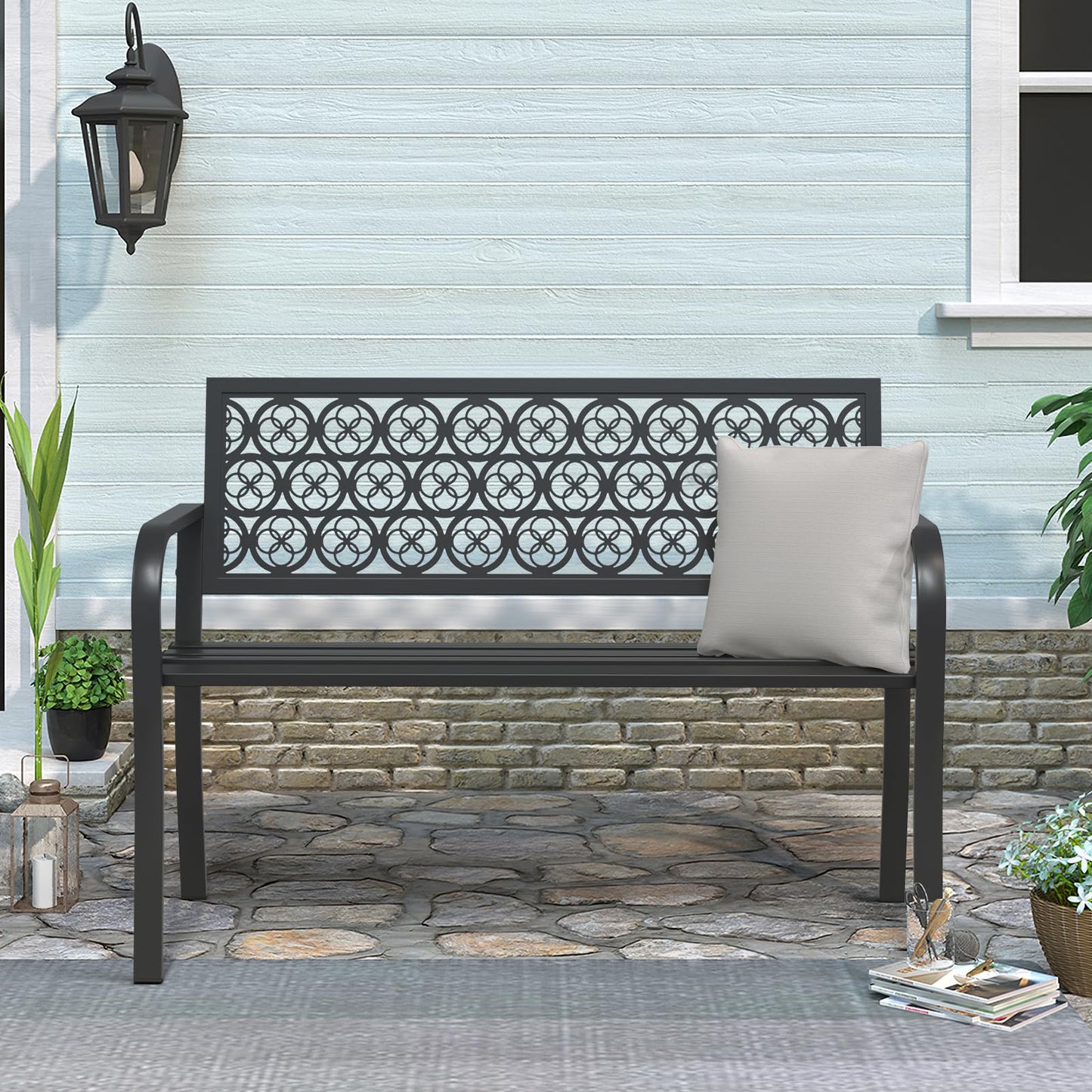 Maemttes 50" Outdoor Bench, Metal Weatherproof Garden Bench Cast Iron Heavy-Duty Patio Bench with Decorative Backrest for Proch Park 880lb Capacity