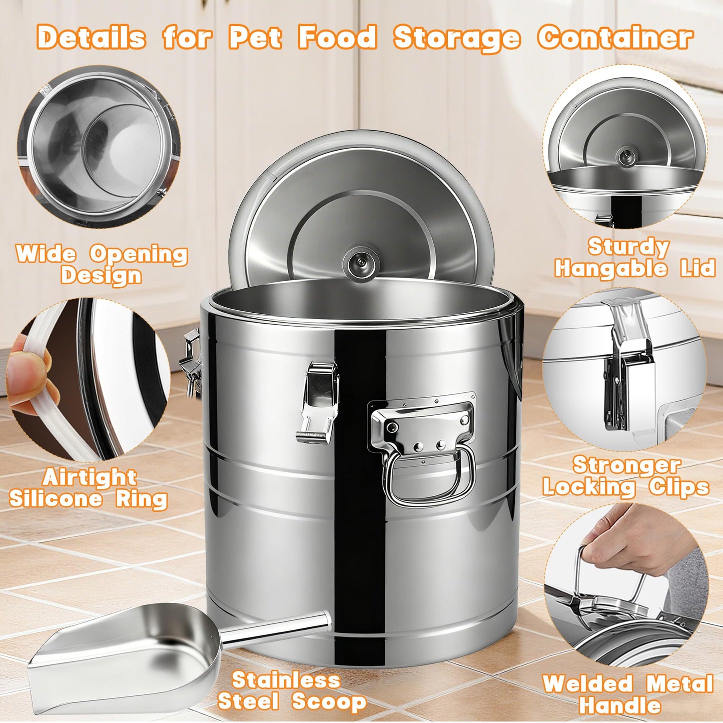 UPSKYPET 40lb Stainless Steel Dog Food Storage Container, Large Capacity Metal Pet Food Storage Container with Scoop, Airtight Dog & Cat Food Treat Bin for Dry Food Keep Fresh for Multi-Pet Households