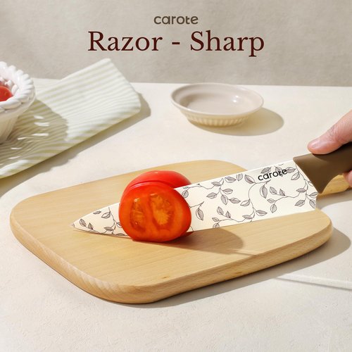 CAROTE 12PCS Knife Set, Kitchen Knife Set with 6 Blade Guards, Stainless Steel Knives Set With Nonstick Ceramic Coating, Rustproof, Delicate Floral Designs, White